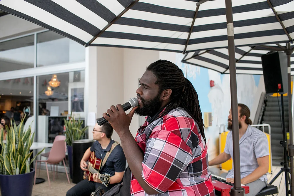 Live music on the Mia Market terrace in the Miami Design District Live music on the Mia Market terrace in the Miami Design District